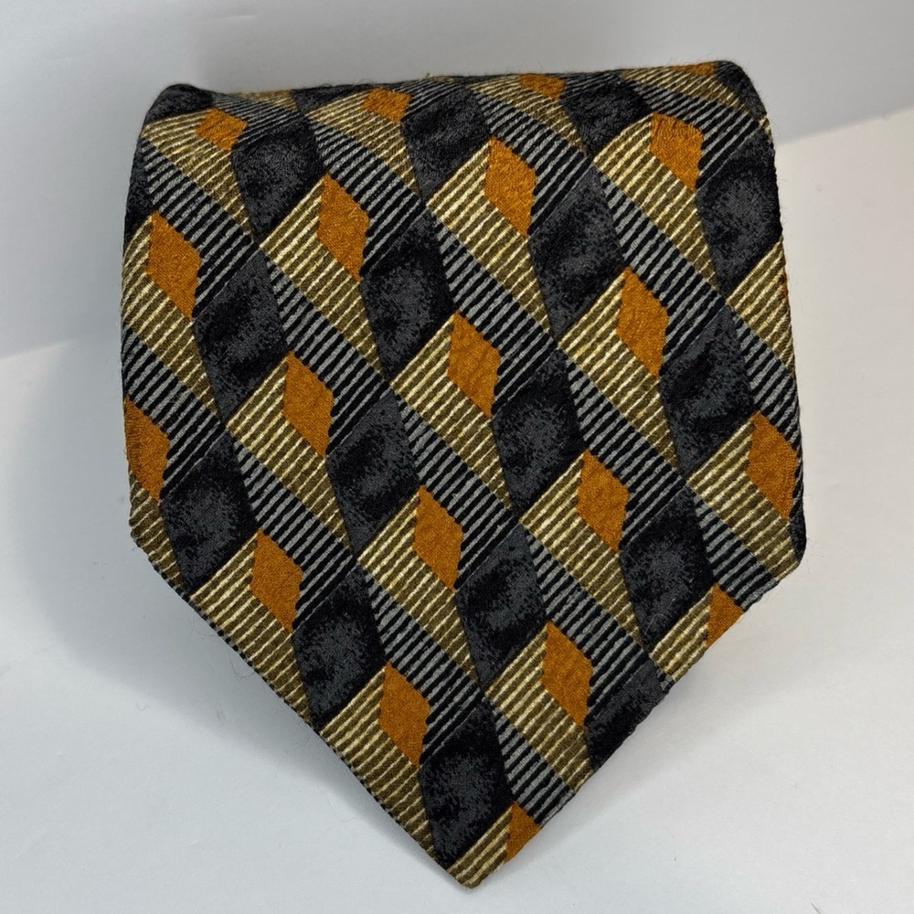 Ermenegildo Zegna Silk Tie 60" Gold Black Geometric Diamond Italy Necktie
